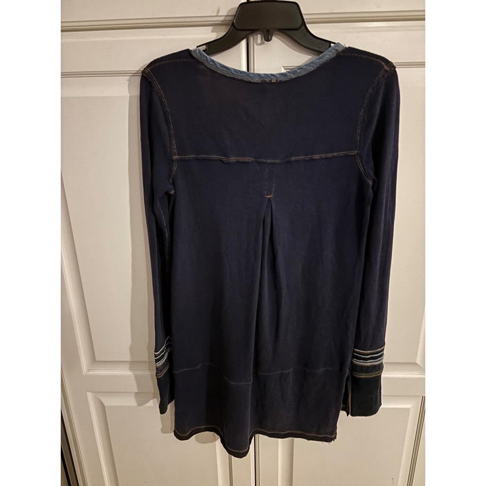 Tory Burch Navy Blue Sheer Leaf Pattern Pleated‎ Yoke 3/4 Sleeve Top Size S